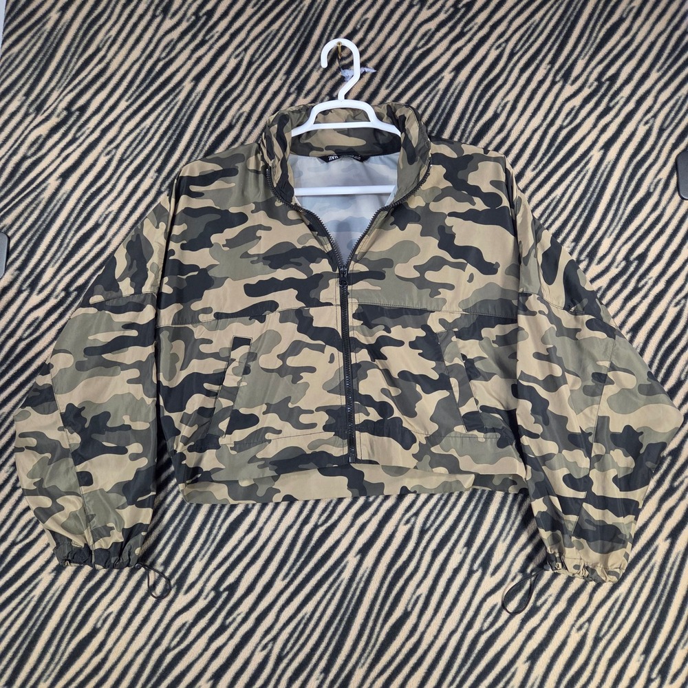 Zara Womens Cropped Camo Packable Hood Windbreaker Jacket Green Brown Medium